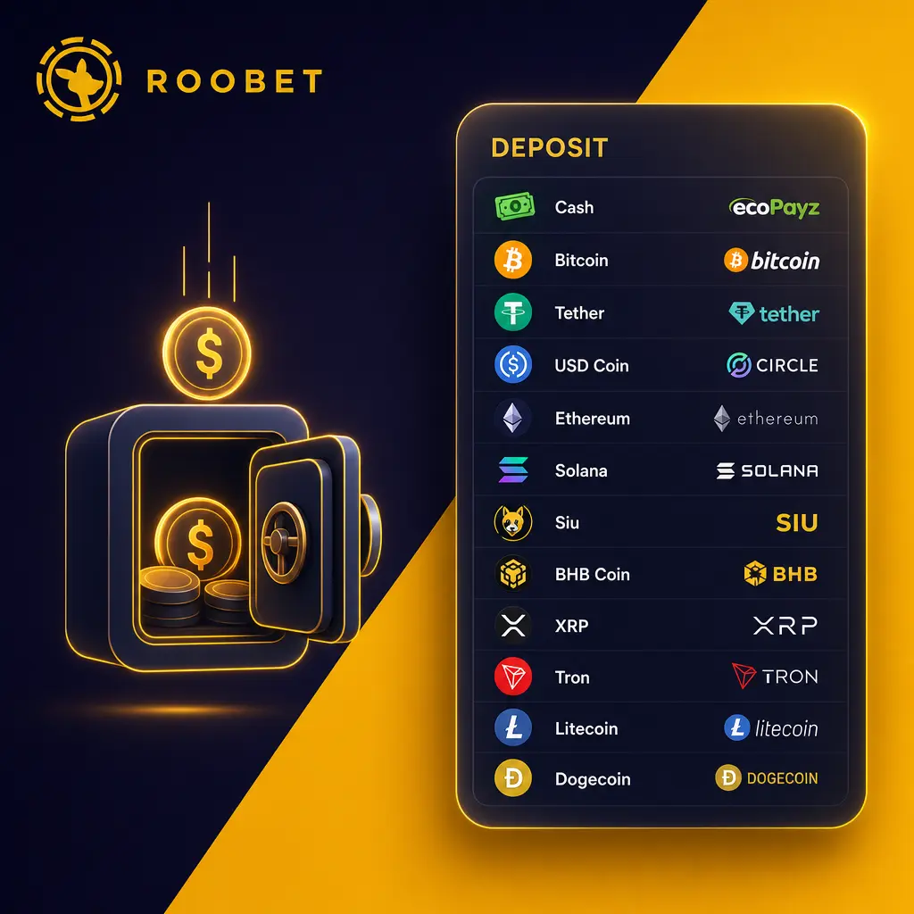 Roobet Canada deposit methods: Interac, Visa, Mastercard, Bitcoin, Tether, Ethereum, and Litecoin options shown