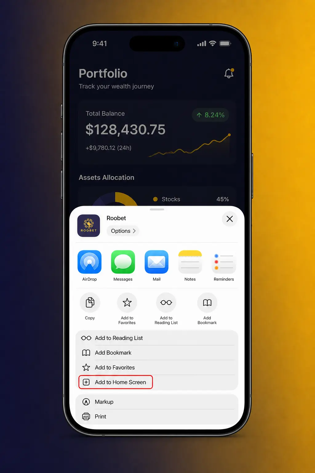 Screenshot showing how to download and install the Roobet iOS app via Safari as a Home Screen PWA