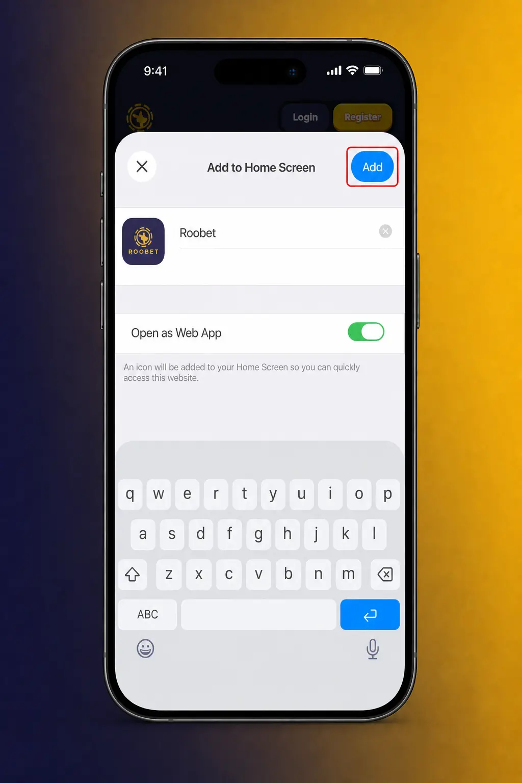 Roobet iOS app install guide showing Safari steps to add the PWA icon to the iPhone Home Screen.