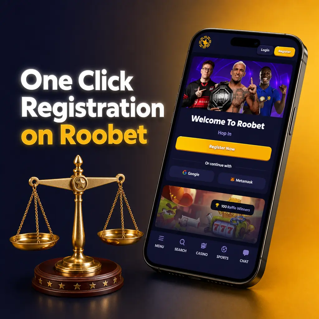 Roobet one-click registration screen showing country selection, currency choice, and instant account setup steps.