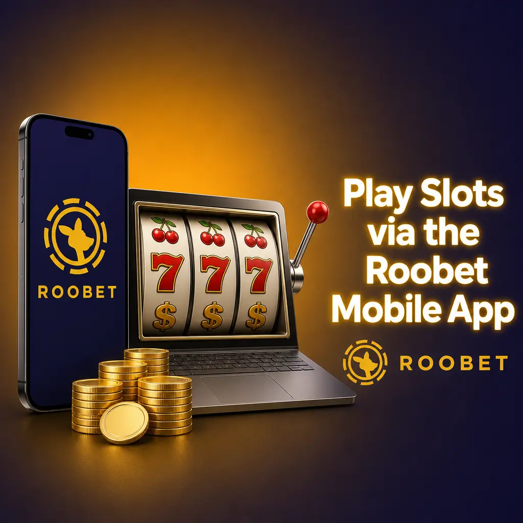 Roobet mobile app interface showing slots lobby with touch controls for spinning, stakes, and autoplay options