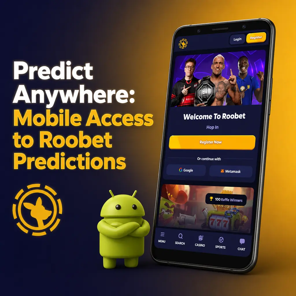 Mobile browser showing Roobet predictions interface for Android and iOS with categories like economics and entertainment.