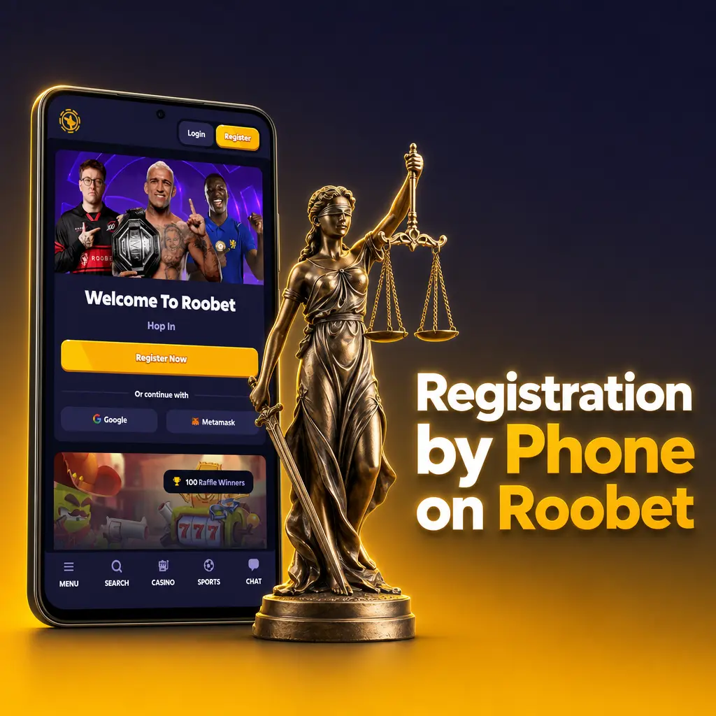 Roobet phone registration steps: enter number, verify SMS code, choose account currency, and complete sign-up.