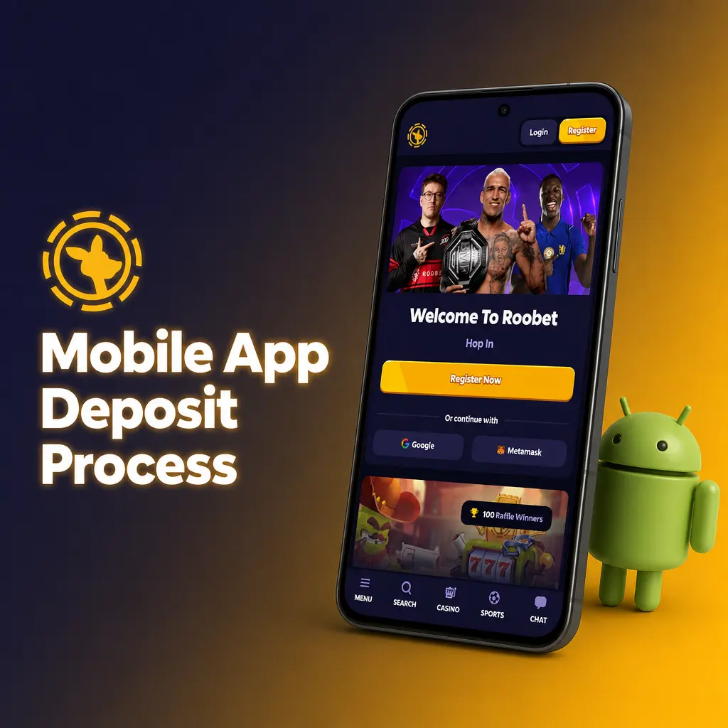 Step-by-step guide showing how to deposit funds into your Roobet account using the mobile app on Android.