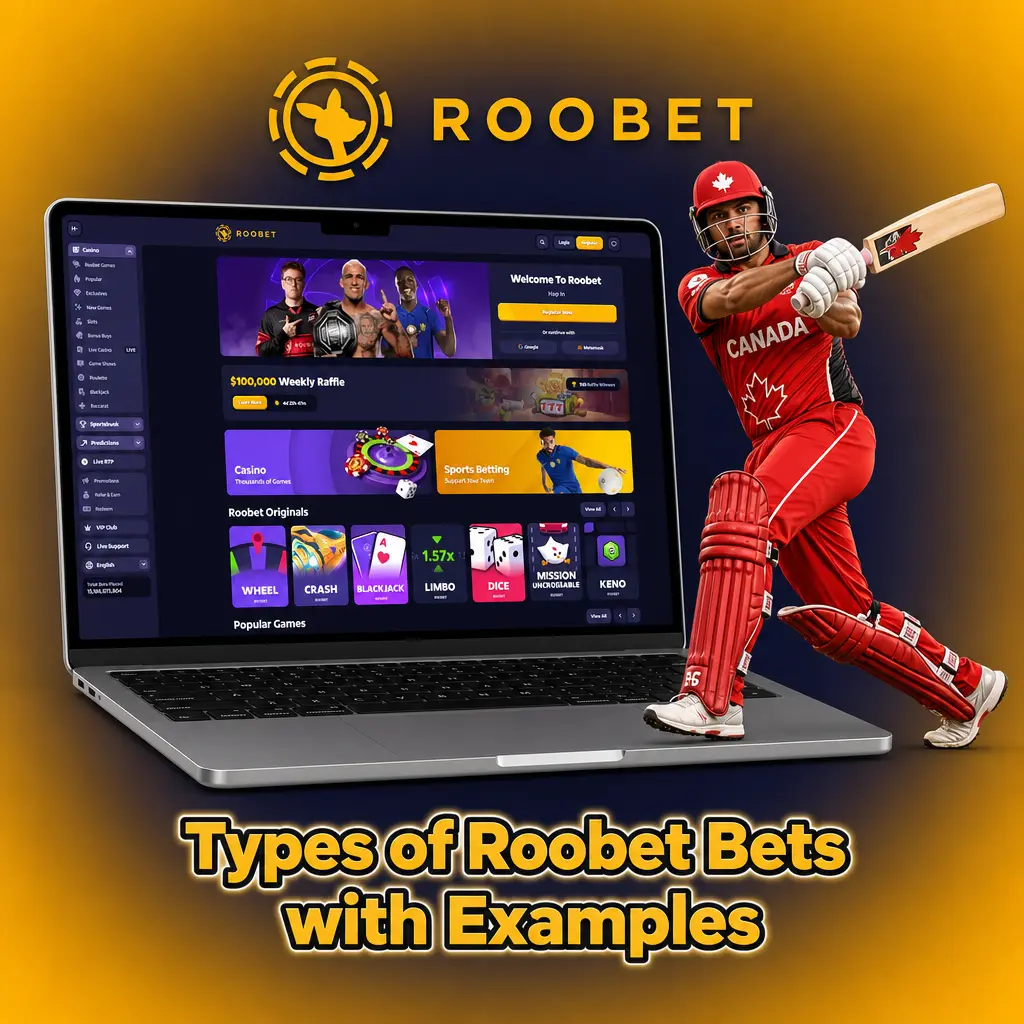 Overview of Roobet bet types—Single, Parlay, System, Bet Builder, Live Bet—with example wagers on Canadian sports teams.